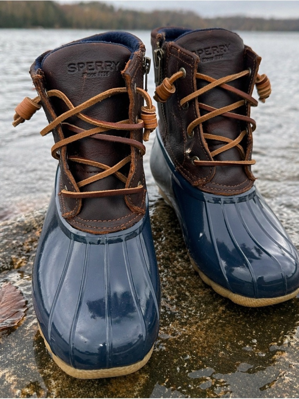 Sperry Saltwater Duck Boots Tan & Navy Leather Waterproof Women’s 6M NEW